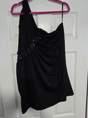 Z. Cavaricci Black One-Shoulder Draped Dress with Beaded Waist